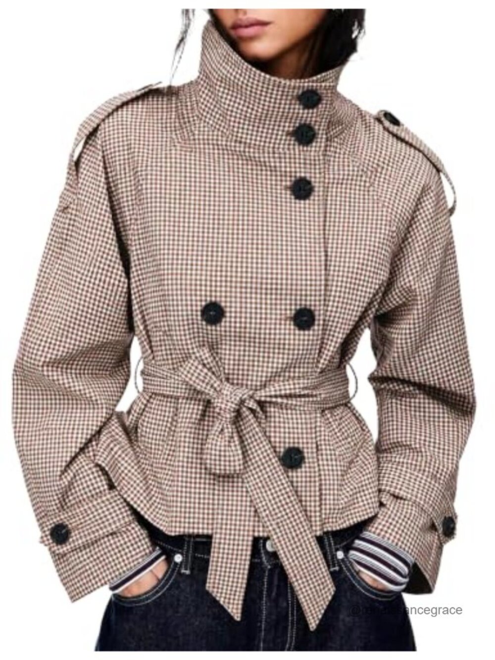 Gingham Plaid Double Breasted Short Trench Coat Belted Jacket